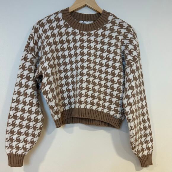 HOLLISTER Sz S Houndstooth Brown White Oversized Crop Very Soft Women’s Sweater - Picture 2 of 9
